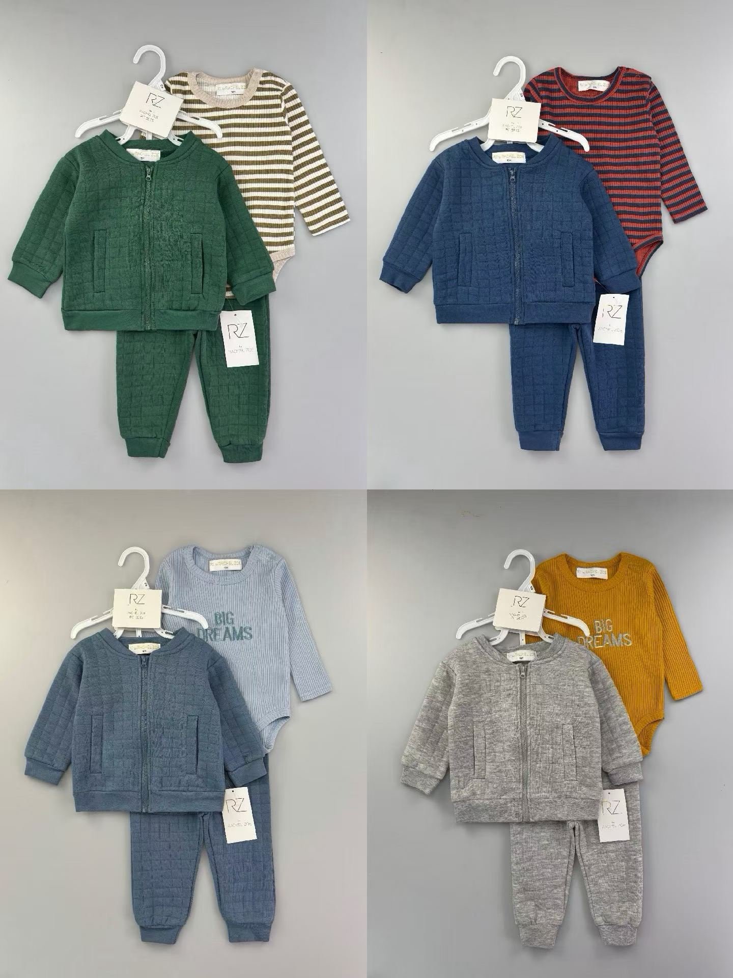 LB1001 Baby Toddler Waffle Knit 3-Piece Clothing Set - Zip Up Cardigan, Sweatpants, & Long Sleeve Shirt (Green/Blue/Light Blue/Grey-Yellow)-image